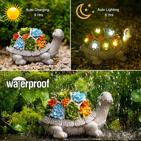 Solar Garden Outdoor Statues Turtle with Succulent 7 LED Lights